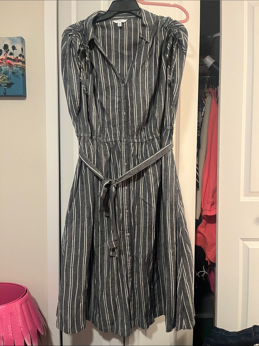 Time and Tru Black and White Striped Midi Shirt Dress